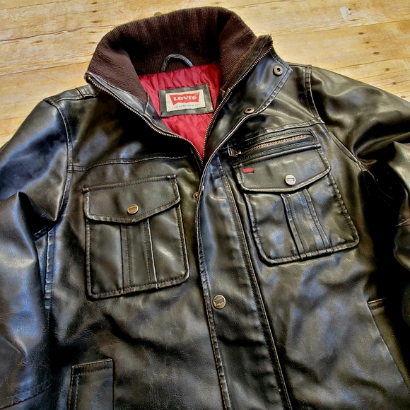 Levi's Brown Leather Bomber Trucker Jacket with Puffer Lining Men's Size Medium - Picture 3 of 8
